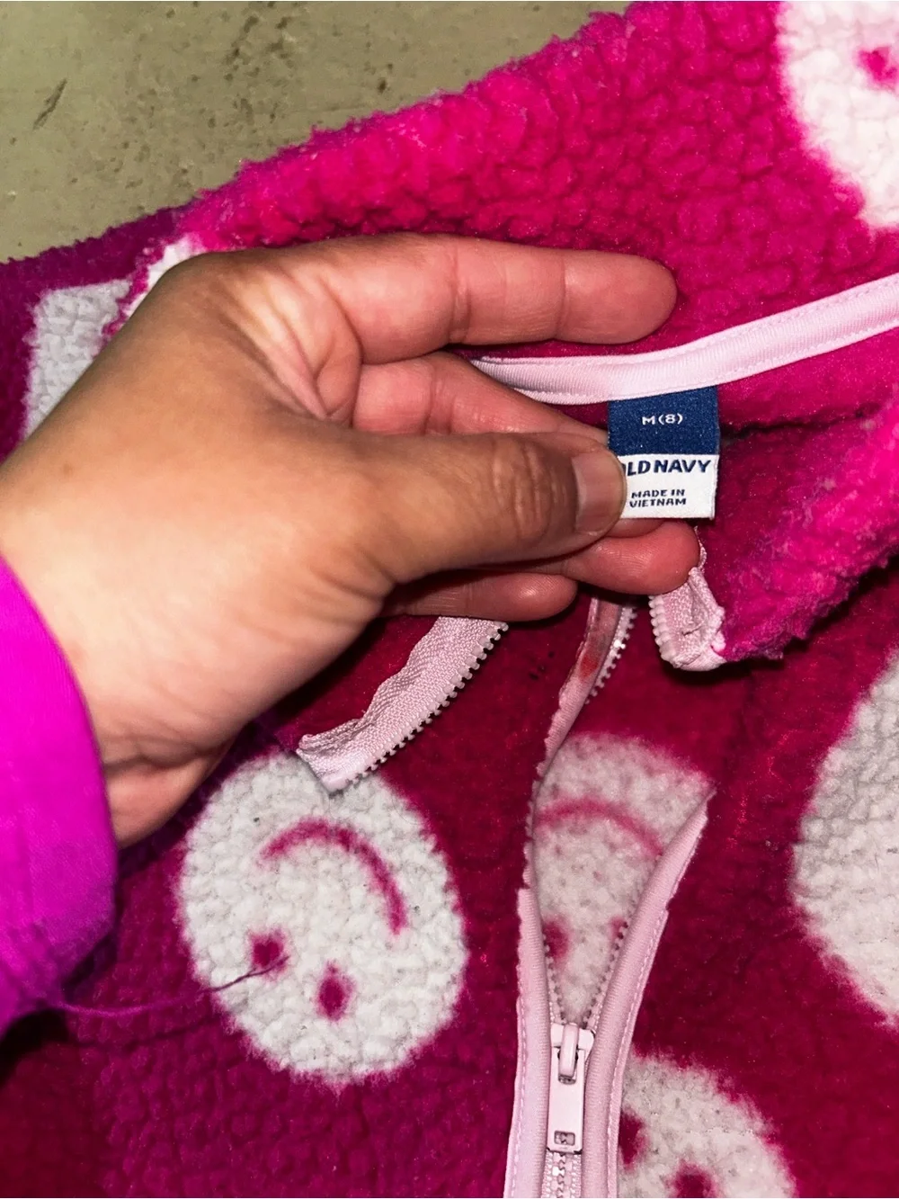 Old Navy Hot Pink Sherpa Zip Pullover with White Smiley Faces